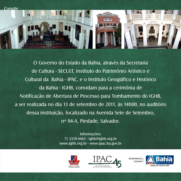Convite cerimônia de notificação de tombamento provisório do IBHB. Dia 13 de setembro na Piedade.