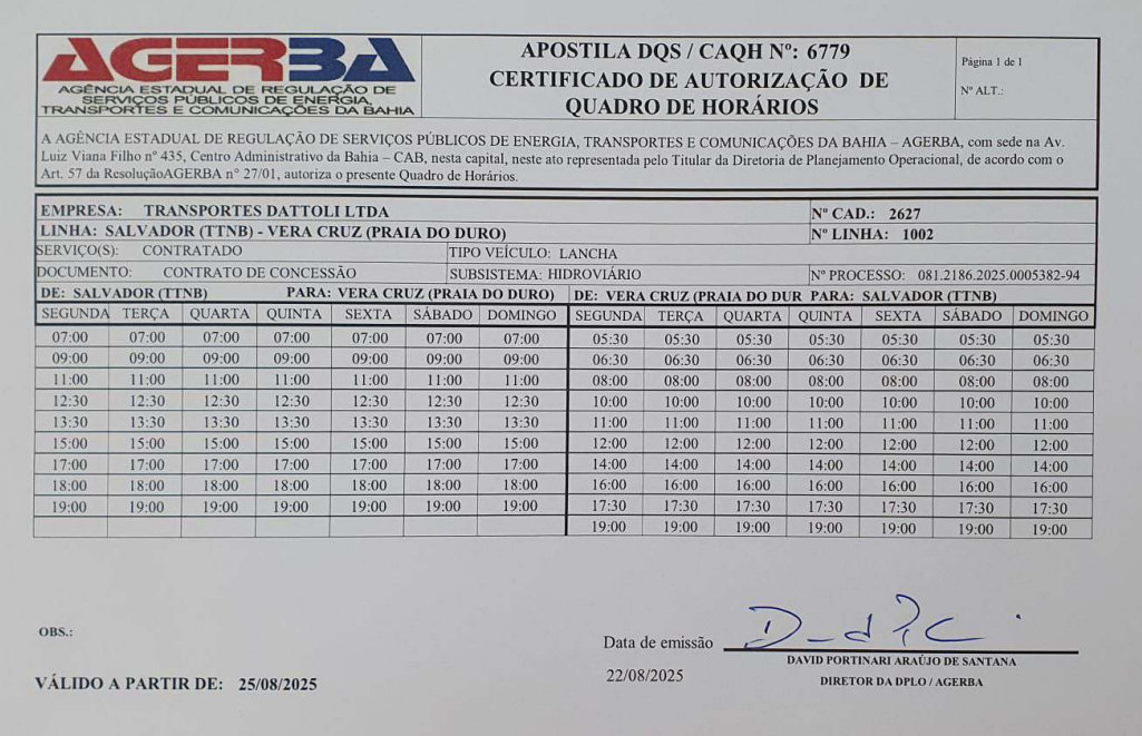 Quadro de horário do Terminal Marítimo de Vera Cruz