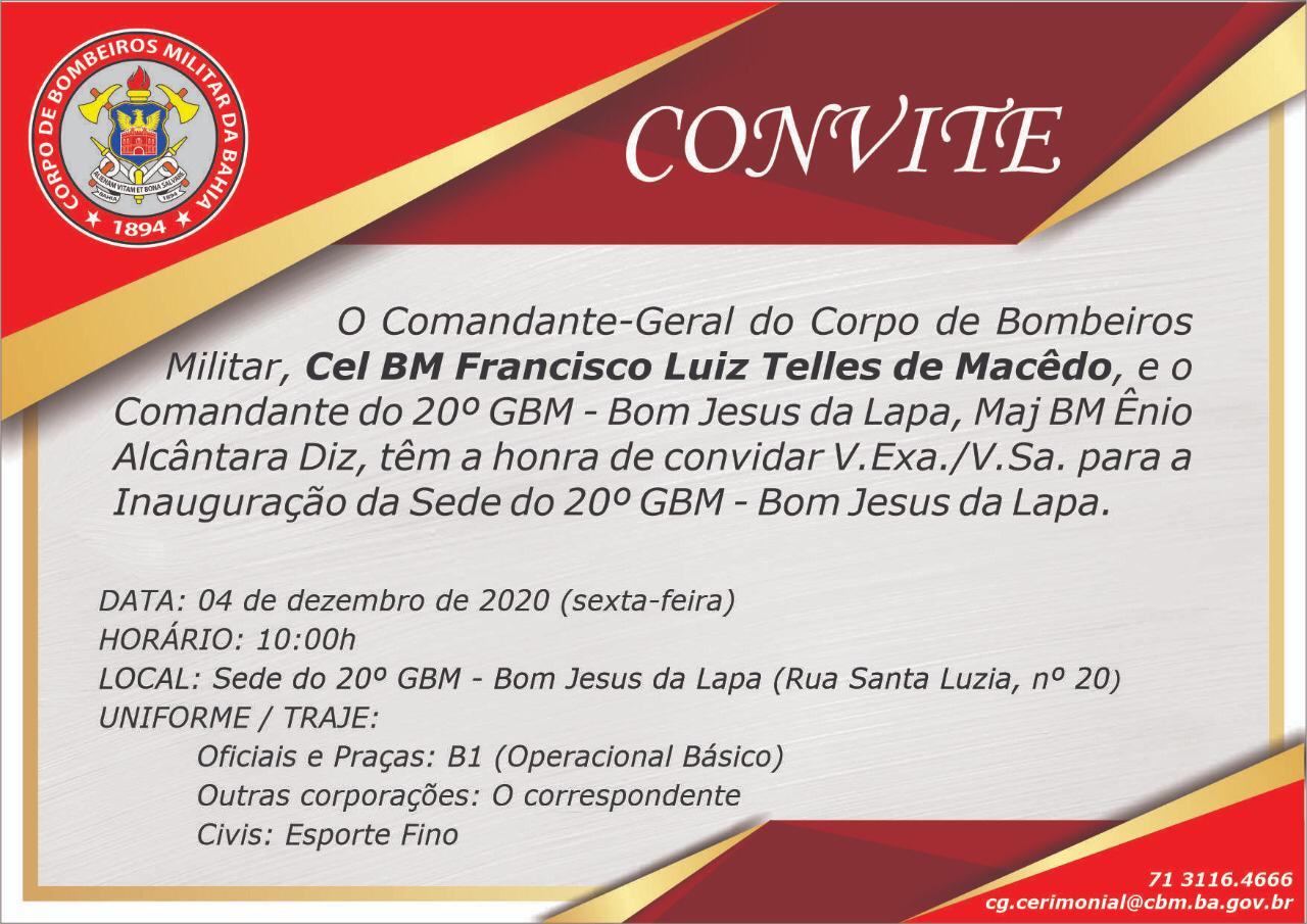 Convite para Inauguração da sede do 20° GBM