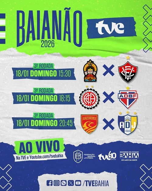 Três jogos do Baianão neste domingo (18) na TVE