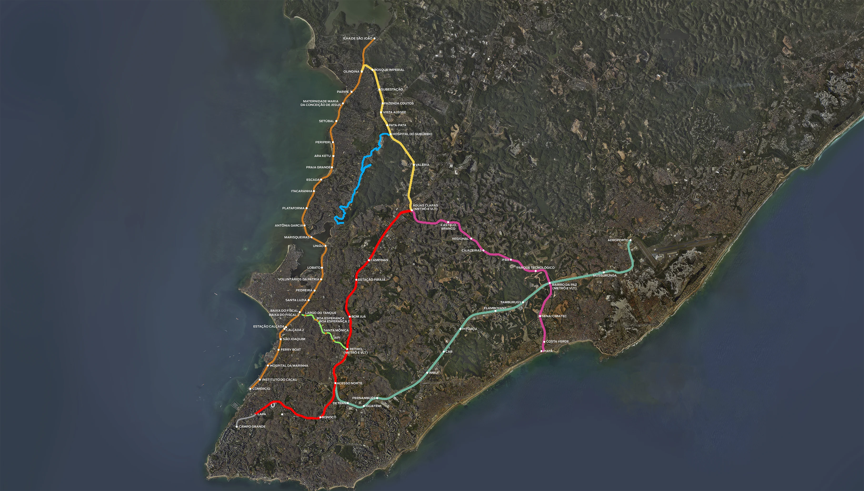 Mapa das rotas do VLT de Salvador com linhas e estações planejadas