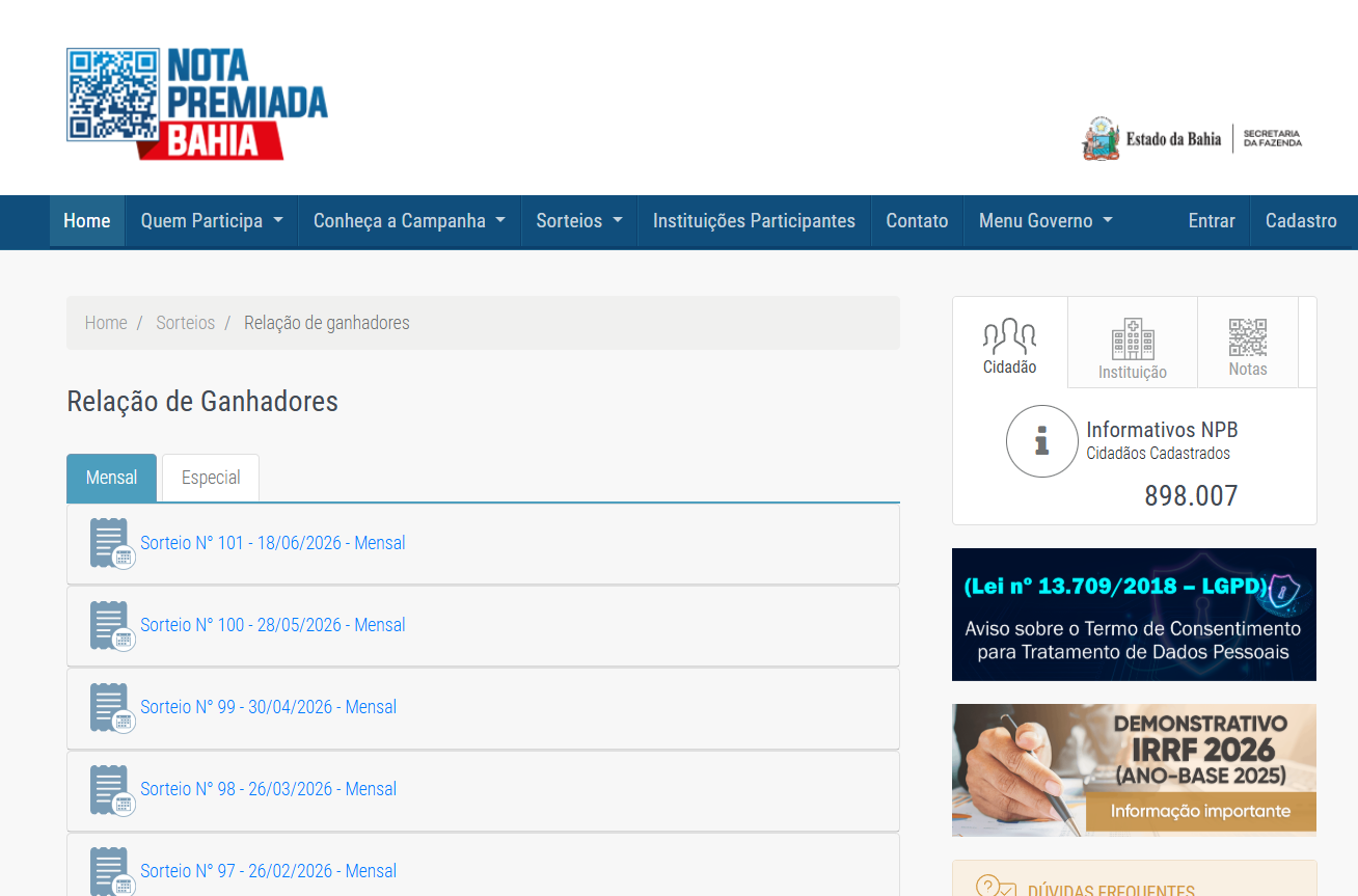 Resultados dos sorteios da Nota Premiada Bahia serão divulgados exclusivamente no site da campanha