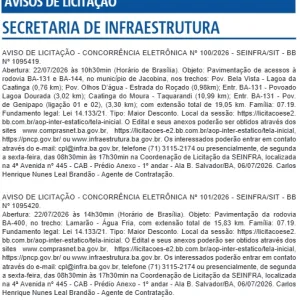 Avisos de licitação são publicados para pavimentação de rodovias em Lamarão e Jacobina