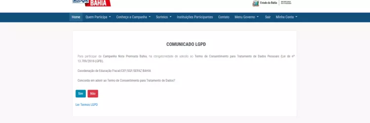 Inscritos na Nota Premiada Bahia devem aderir ao termo de proteção de dados pessoais