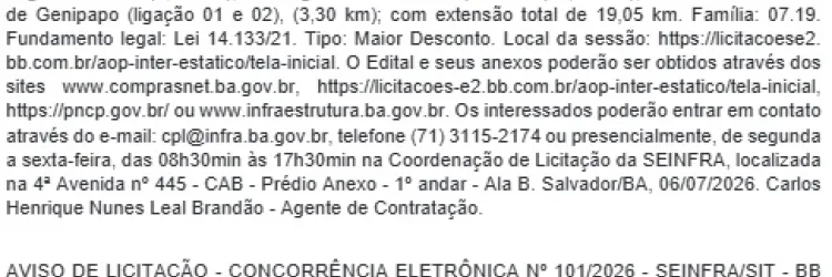 Avisos de licitação são publicados para pavimentação de rodovias em Lamarão e Jacobina