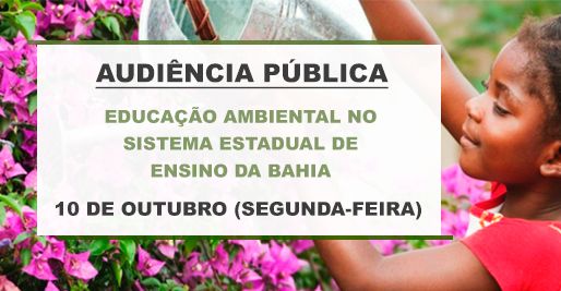 A Comissão de Jovens e Adultos do Conselho Estadual de Educação da Bahia (CEE/BA) agendou uma Audiência Pública para discussão da proposta do Anteprojeto de Resolução que regulamenta a Educação Ambiental no Sistema Estadual de Ensino da Bahia.