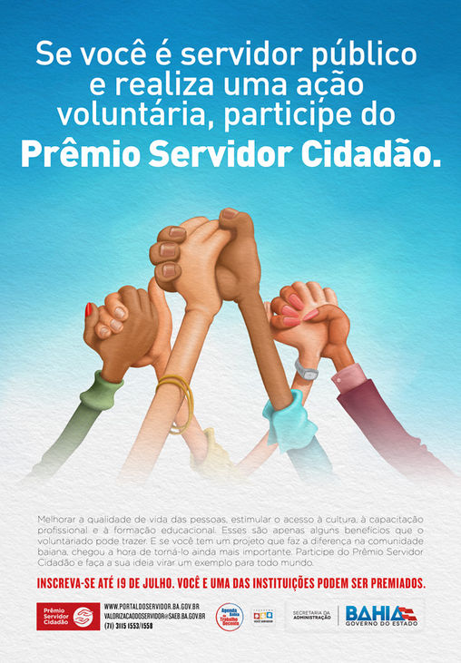 As inscrições para o Prêmio Servidor Cidadão estão abertas a partir desta segunda-feira (9) e vão até o dia 19 de julho. Para concorrer, basta se inscrever através do Portal do Servidor (www.portaldeservidor.ba.gov.br). A premiação é destinada a servidores públicos estaduais que desenvolvam ações ou projetos visando à melhoria da qualidade de vida e da prestação de serviços para a população baiana, em caráter voluntário. Assim como ações de estímulo à cultura, à capacitação profissional e à formação educacional.
