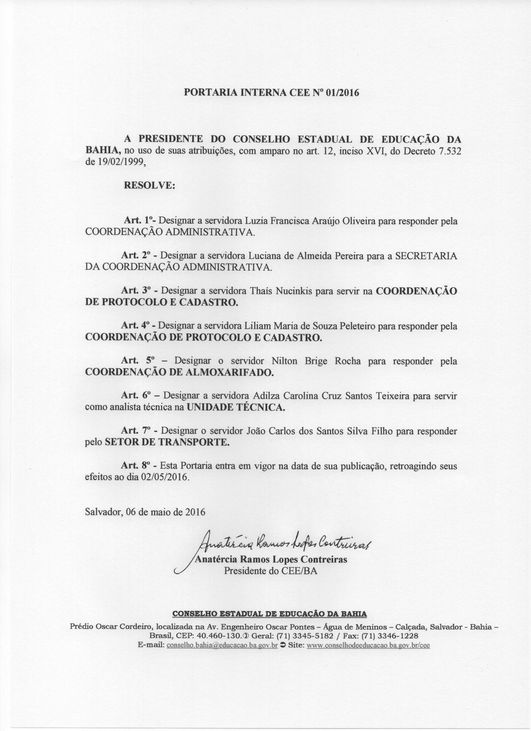 Portaria interna do CEE/BA, de 19 de fevereiro de 2016