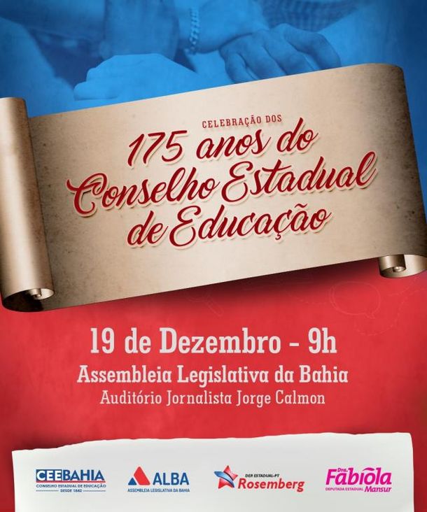 O Conselho Estadual de Educação da Bahia (CEE/BA) chega, em 2017, aos 175 anos de atividades ininterruptas em prol da educação da Bahia e do Brasil. Como desfecho às festividades, no dia 19 de dezembro (terça-feira), a partir das 9h30, ocorrerá no Auditório Jutahy Magalhães da Assembleia Legislativa da Bahia (Centro Administrativo da Bahia - Salvador), a Audiência Pública em Comemoração aos 175 anos do Conselho Estadual de Educação da Bahia.
