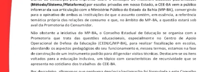 CEE-BA emite nota e responde a questionamentos sobre adoção de materiais padronizados em escolas privadas