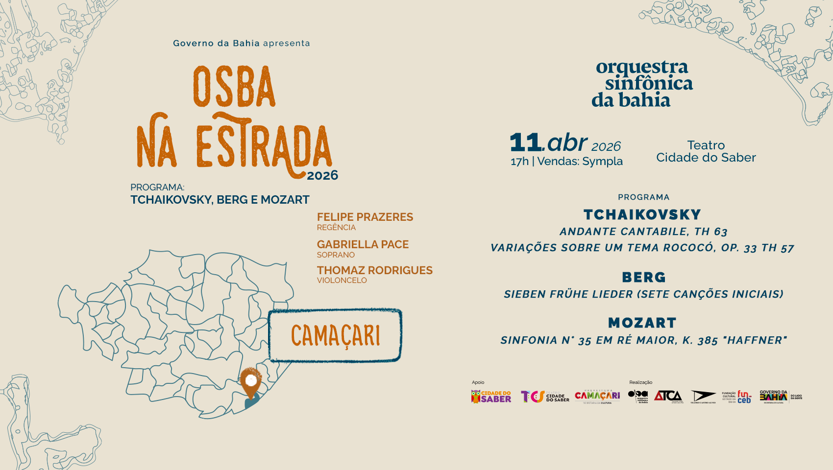 Orquestra Sinfônica da Bahia se apresenta no Teatro Cidade do Saber, em Camaçari, no dia 11 de abril
