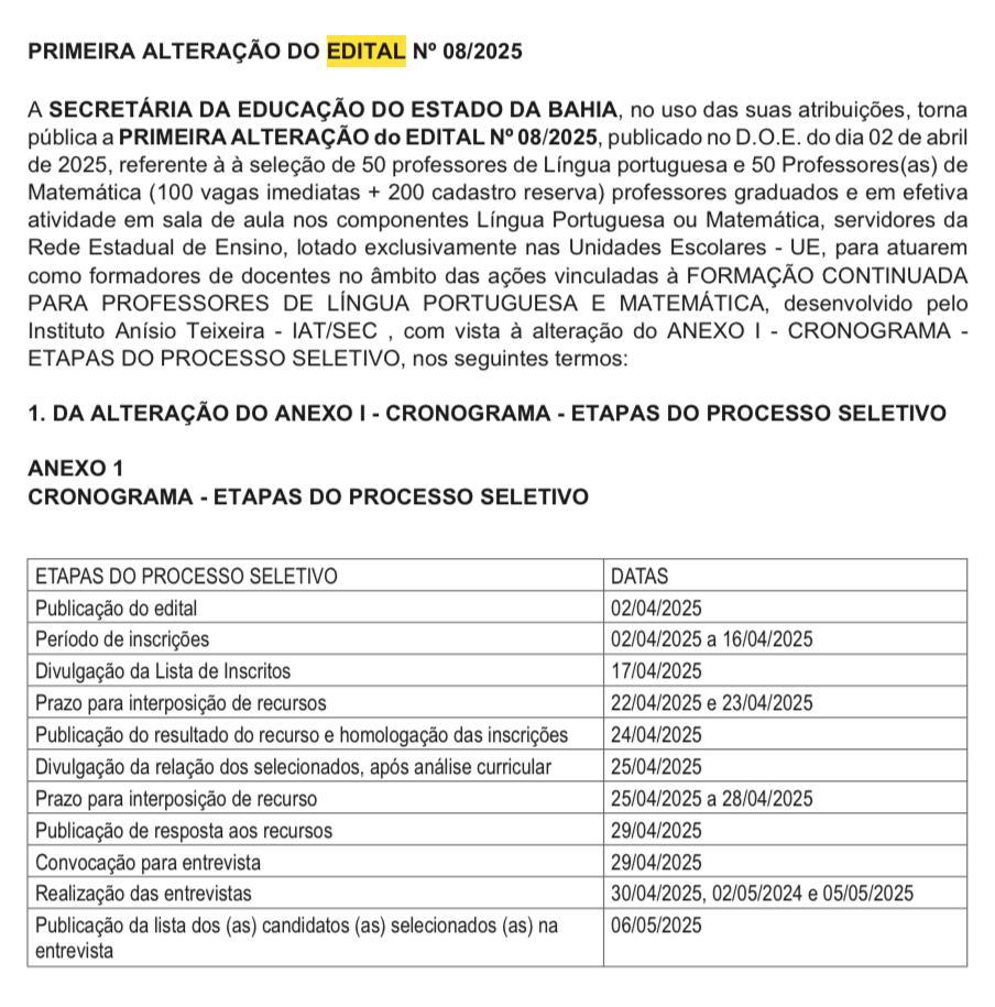 Calendário do edital 08/2025