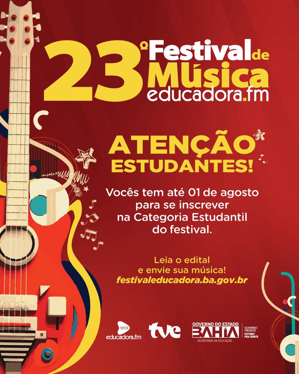 Estudantes de rede pública do Estado têm até o dia 1º de agosto para realizar inscrição no Festival de Música da Rádio Educadora FM