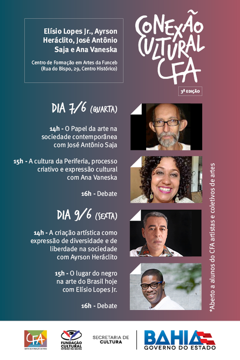 Elísio Lopes Filho, Ayrson Heráclito, José Antônio Sarja e Ana Vaneska participam de evento nos dias 7 e 9, quarta e sexta-feiras