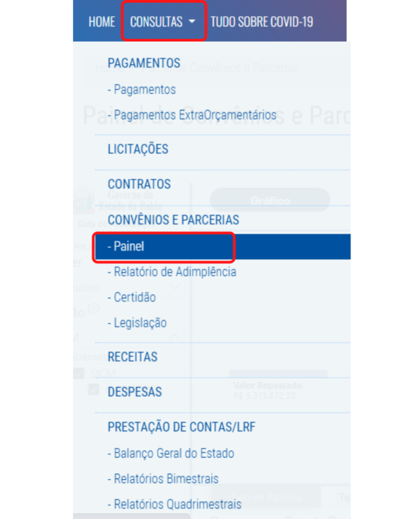 Menu de Consultas Portal Transparência Bahia