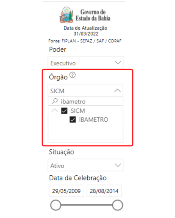 Menu Lateral Painel de Convênios Portal Transparência Bahia