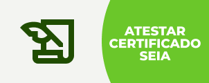 O banner apresenta um ícone estilizado de um documento com pena em verde escuro sobre fundo claro à esquerda, ao lado de um retângulo verde com o texto "Atestar Certificado SEIA" em letras maiúsculas brancas. ​ Ele tem design moderno e minimalista, com bordas arredondadas e gradiente sutil no lado direito. Serve como cabeçalho para um portal de serviços online, enfatizando atendimento ao cliente.