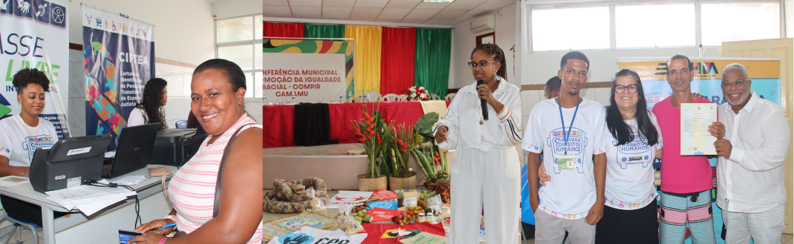 A imagem mostra três momentos diferentes da Caravana de da Conferência:  À esquerda: Uma mulher está sendo atendida por uma funcionária em um guichê, possivelmente para emissão de documentos ou acesso a serviços públicos. O ambiente é acolhedor e conta com banners informativos sobre inclusão, como o “CIITEA” (Centro de Inclusão e Apoio a Pessoas com Transtorno do Espectro Autista).  Ao centro: Uma mulher fala ao microfone.À direita: Um grupo de pessoas  sorri para a câmera enquanto segura 1 documento.