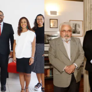 Duas fotos mostram encontros formais do secretário Felipe Freitas com grupos em ambientes internos.