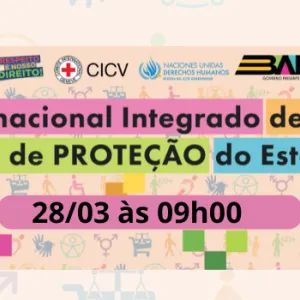 Banner digital do "1º Simpósio Internacional Integrado de Qualificação dos Programas de Proteção do Estado da Bahia". O fundo tem ícones e silhuetas representando acessibilidade, direitos humanos e proteção social. O título do evento é destacado em faixas coloridas (rosa, amarelo, verde e azul). No topo, há logotipos de entidades apoiadas, como o Comitê Internacional da Cruz Vermelha (CICV), Nações Unidas Direitos Humanos, Governo da Bahia e Secretaria de Justiça e Direitos Humanos. Há também Disque 100