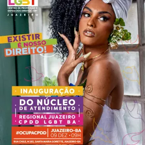 Card colorida com imagem de uma mulher  trans, informando a inauguração do CPDD-LGBT de Juazeiro