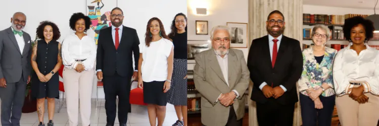 Duas fotos mostram encontros formais do secretário Felipe Freitas com grupos em ambientes internos.