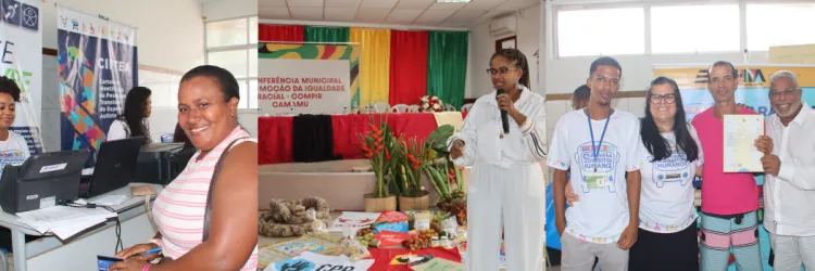 A imagem mostra três momentos diferentes da Caravana de da Conferência:  À esquerda: Uma mulher está sendo atendida por uma funcionária em um guichê, possivelmente para emissão de documentos ou acesso a serviços públicos. O ambiente é acolhedor e conta com banners informativos sobre inclusão, como o “CIITEA” (Centro de Inclusão e Apoio a Pessoas com Transtorno do Espectro Autista).  Ao centro: Uma mulher fala ao microfone.À direita: Um grupo de pessoas  sorri para a câmera enquanto segura 1 documento.
