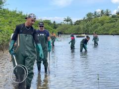 Itaparica - pesquisador e alunos fazendo estudo da medusa (2).jpeg