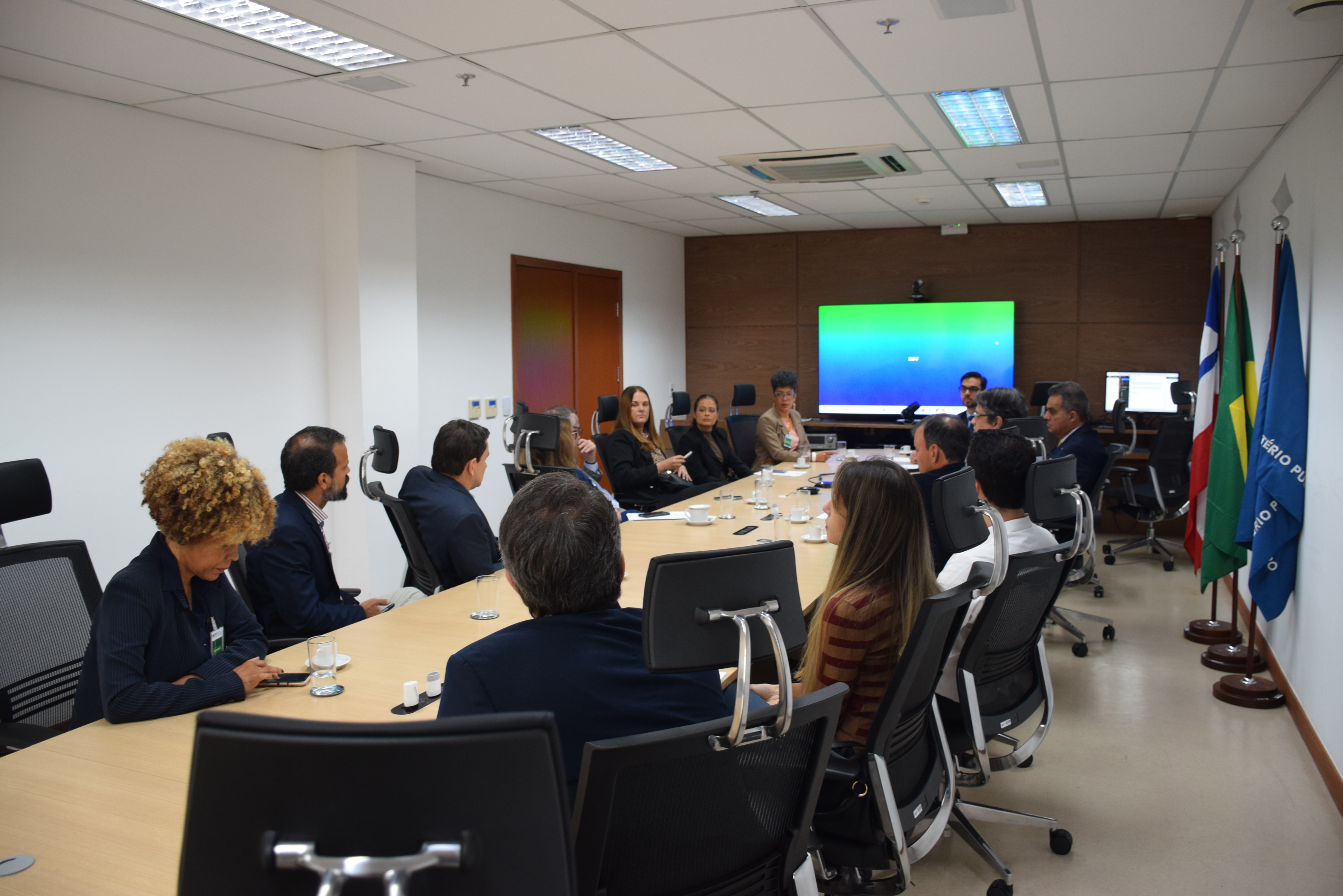 A imagem mostra uma reunião em uma sala de conferências. Várias pessoas estão sentadas ao redor de uma mesa retangular, conversando. À direita, ao fundo, uma tela exibe uma imagem em verde e azul. Também é possível ver bandeiras no canto direito da sala.