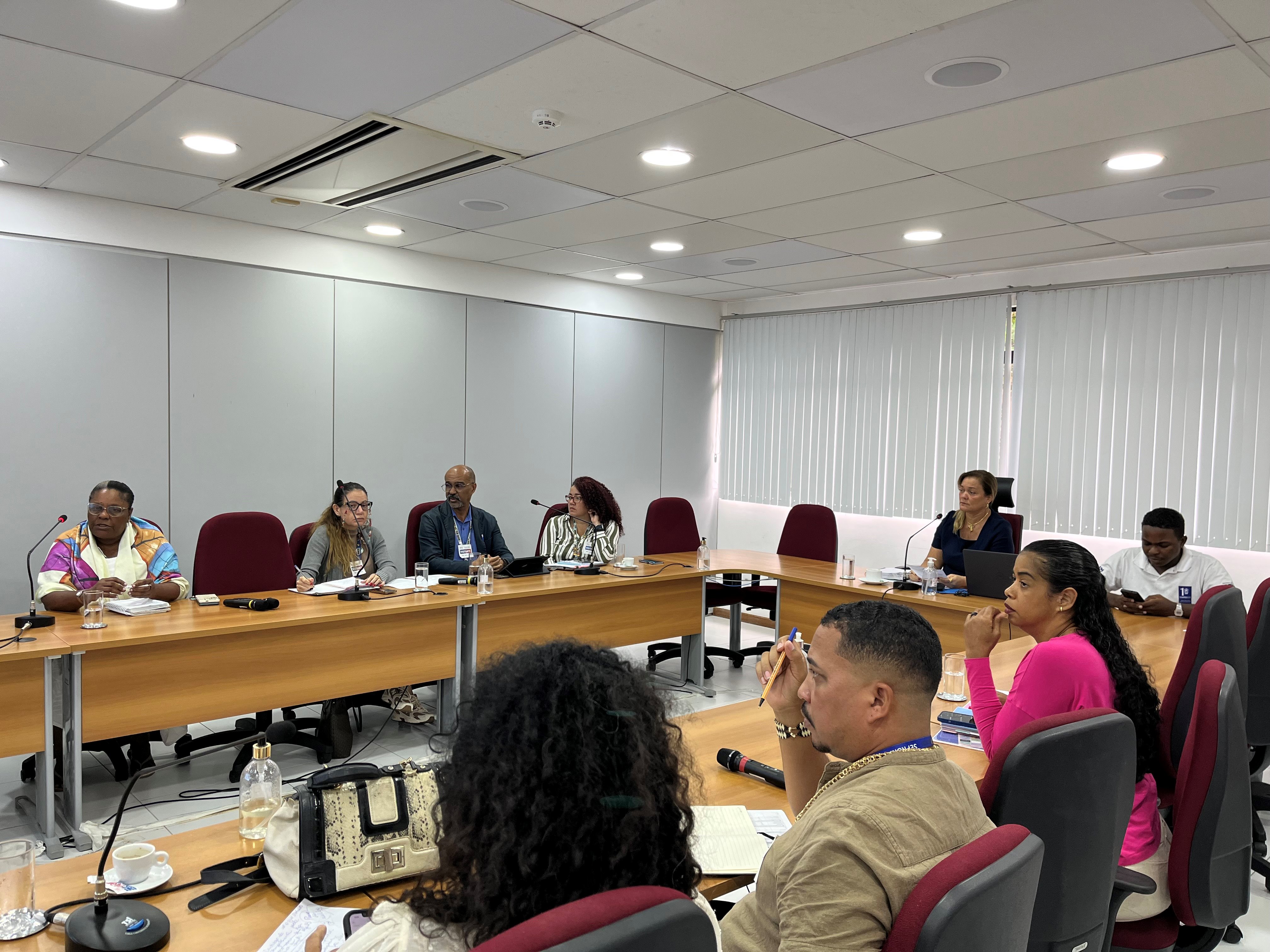 A imagem mostra uma reunião em uma sala clara, com paredes cinzas e janelas cobertas por persianas brancas. Nove pessoas estão sentadas em volta de uma mesa em formato de “U”. À esquerda, quatro participantes prestam atenção, entre eles uma mulher de lenço colorido e um homem de óculos. Ao centro, uma mulher de blazer azul fala ao microfone, com um homem de camisa branca ao lado. Em primeiro plano, três pessoas aparecem de costas, incluindo uma mulher de blusa rosa. Sobre a mesa há copos de água, cadernos, 