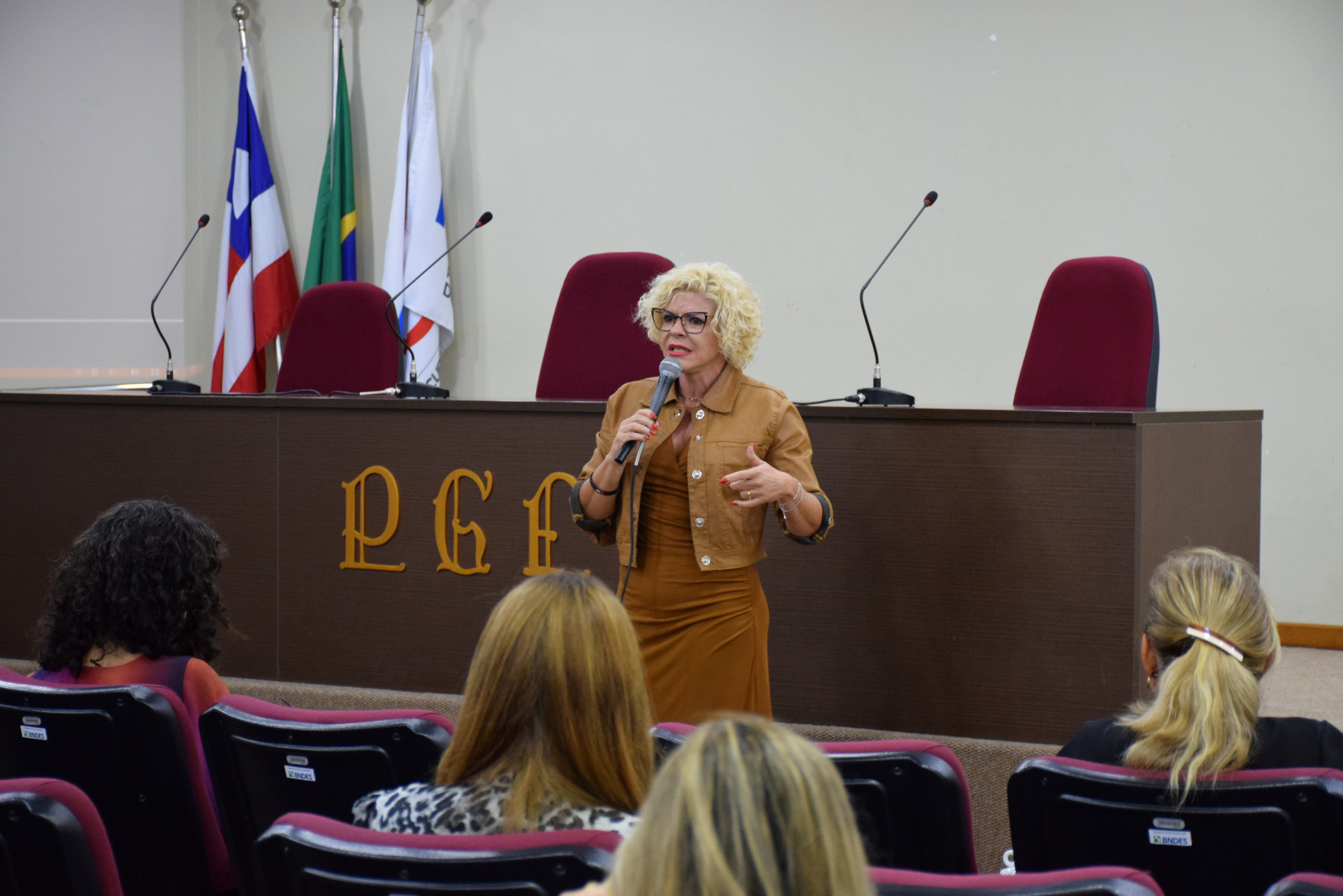 Mulher de cabelo curto e cacheado, loiro claro, está em pé à frente de um auditório, segurando um microfone. Usa óculos e roupa em tom marrom. Ela gesticula com uma das mãos enquanto fala, demonstrando expressão séria e envolvida. Ao fundo, há uma mesa com cadeiras e três bandeiras. Na frente dela, pessoas estão sentadas em cadeiras vermelhas, vistas de costas, assistindo à apresentação. O ambiente é organizado e lembra uma palestra ou evento institucional.