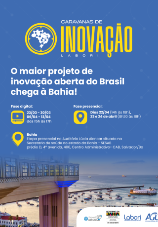 Cartaz informativo com fundo azul. No topo, aparece o título “Caravanas de Inovação Labori”. Abaixo, em destaque, lê-se: “O maior projeto de inovação aberta do Brasil chega à Bahia!”. No centro, há informações do evento: fase digital de 23/03 a 30/03 e de 06/04 a 13/04, das 15h às 17h; fase presencial nos dias 22/04, das 14h às 18h, e 23 e 24/04, das 8h30 às 18h. O local indicado é o Auditório Lúcia Alencar, na Secretaria da Saúde do Estado da Bahia, em Salvador. 
