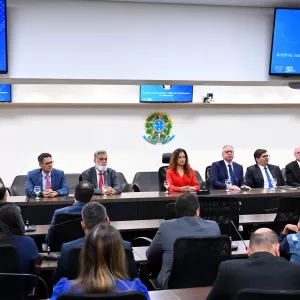 A imagem mostra uma mesa de autoridades em um auditório. Sete pessoas estão sentadas atrás da mesa, sendo seis homens e uma mulher ao centro, vestida com um blazer vermelho. Todos usam trajes formais. À frente, há várias pessoas sentadas assistindo. Na parede ao fundo, há o brasão da República do Brasil e três telas que exibem a foto de um homem com os dizeres: “Antônio José de Oliveira Telles de Vasconcelos (In Memoriam)”. O ambiente é iluminado e transmite formalidade, indicando uma cerimônia de homenagem