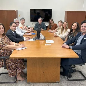 Dez pessoas estão sentadas ao redor de uma mesa retangular de madeira, em uma sala de reunião. Quatro estão à esquerda, cinco à direita e uma ao centro, na cabeceira. Todos olham para a câmera, alguns sorrindo. Sobre a mesa há papéis, canetas, garrafa térmica, copos descartáveis, álcool em gel e controle remoto. Ao fundo, um televisor desligado e dois armários de madeira.