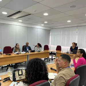 A imagem mostra uma reunião em uma sala clara, com paredes cinzas e janelas cobertas por persianas brancas. Nove pessoas estão sentadas em volta de uma mesa em formato de “U”. À esquerda, quatro participantes prestam atenção, entre eles uma mulher de lenço colorido e um homem de óculos. Ao centro, uma mulher de blazer azul fala ao microfone, com um homem de camisa branca ao lado. Em primeiro plano, três pessoas aparecem de costas, incluindo uma mulher de blusa rosa. Sobre a mesa há copos de água, cadernos, 