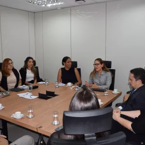 Imagem mostra uma reunião em uma sala de escritório. Dez pessoas, entre mulheres e homens, estão sentadas ao redor de uma mesa retangular de madeira. Todos estão atentos, e uma mulher de camisa cinza fala enquanto os outros escutam. Há copos de água, xícaras de café, papéis e celulares sobre a mesa. A sala é clara, com paredes brancas e iluminação de teto. O clima é formal e profissional.