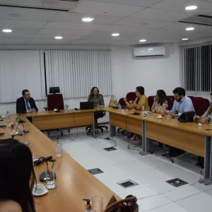 Sala de reunião ampla e bem iluminada, com paredes brancas e janelas cobertas por persianas verticais. Duas fileiras de mesas em formato de “U” ocupam o centro. Ao redor delas, cerca de quinze pessoas estão sentadas, participando de uma reunião. À esquerda, há homens de terno e camisas sociais; à direita, mulheres e homens conversam atentos. Sobre as mesas há copos, xícaras, garrafas de água e microfones. Ao fundo, uma mulher fala enquanto os demais escutam.