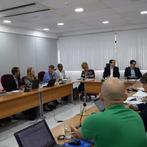 Sala de reuniões ampla e bem iluminada. Uma grande mesa em formato de U ocupa o centro. Cerca de 15 pessoas estão sentadas ao redor, usando roupas sociais, com notebooks, papéis, microfones, copos e garrafas de água sobre a mesa. Algumas pessoas conversam e sorriem. À direita, uma mulher em pé fala ao grupo. Ao fundo, há janelas com persianas claras e paredes brancas. O clima é formal e colaborativo.