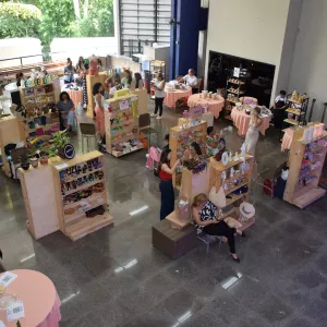 Vista aérea do salão da feira. O espaço amplo possui pé-direito alto, colunas azuis e diversas mesas redondas com toalhas salmão. Estantes de madeira clara exibem acessórios, roupas e artesanatos. Clientes e expositores circulam pelo local, que é bem iluminado e possui uma área externa arborizada visível ao fundo.