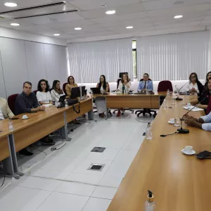 Uma sala de reunião com várias pessoas sentadas ao redor de mesas em formato de U. Todos estão atentos, olhando para frente, como se acompanhassem uma apresentação. Sobre as mesas há computadores, microfones, copos e garrafas de água. O ambiente é claro, com iluminação no teto e persianas nas janelas.