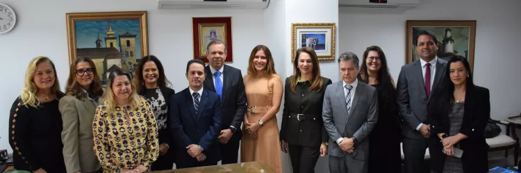 A imagem mostra um grupo de 12 pessoas em um ambiente interno. Eles estão posando para a foto, com 6 pessoas à frente e 6 atrás. As pessoas na frente estão em pé e algumas estão levemente curvadas para a frente, sorrindo. Ao fundo, há quadros nas paredes, e a mesa à frente delas tem documentos e objetos. Todos estão vestidos de forma formal.