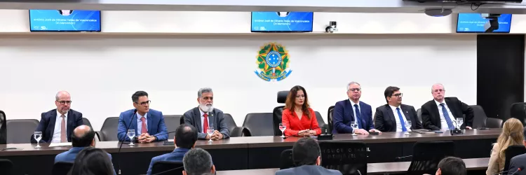 A imagem mostra uma mesa de autoridades em um auditório. Sete pessoas estão sentadas atrás da mesa, sendo seis homens e uma mulher ao centro, vestida com um blazer vermelho. Todos usam trajes formais. À frente, há várias pessoas sentadas assistindo. Na parede ao fundo, há o brasão da República do Brasil e três telas que exibem a foto de um homem com os dizeres: “Antônio José de Oliveira Telles de Vasconcelos (In Memoriam)”. O ambiente é iluminado e transmite formalidade, indicando uma cerimônia de homenagem