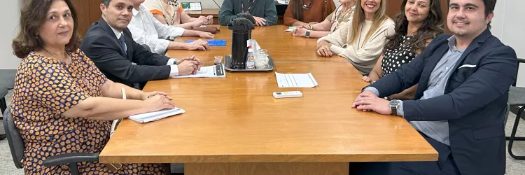 Dez pessoas estão sentadas ao redor de uma mesa retangular de madeira, em uma sala de reunião. Quatro estão à esquerda, cinco à direita e uma ao centro, na cabeceira. Todos olham para a câmera, alguns sorrindo. Sobre a mesa há papéis, canetas, garrafa térmica, copos descartáveis, álcool em gel e controle remoto. Ao fundo, um televisor desligado e dois armários de madeira.