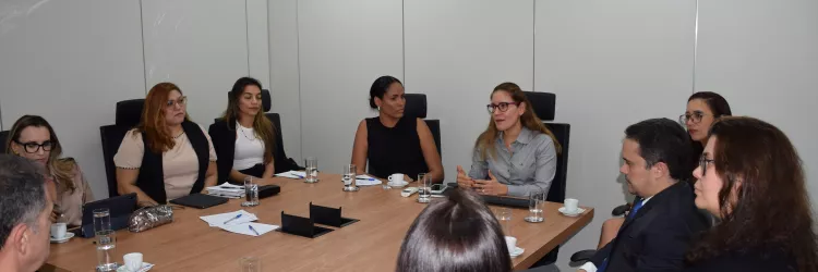 Imagem mostra uma reunião em uma sala de escritório. Dez pessoas, entre mulheres e homens, estão sentadas ao redor de uma mesa retangular de madeira. Todos estão atentos, e uma mulher de camisa cinza fala enquanto os outros escutam. Há copos de água, xícaras de café, papéis e celulares sobre a mesa. A sala é clara, com paredes brancas e iluminação de teto. O clima é formal e profissional.