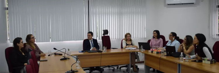 Em uma sala de reunião iluminada, oito pessoas estão sentadas ao redor de mesas em formato de “U”.  Todos parecem atentos e conversam entre si. Sobre as mesas há notebooks, garrafas de água, papéis e microfones. O ambiente tem paredes brancas, cadeiras com encosto vermelho e janelas cobertas por persianas verticais brancas.