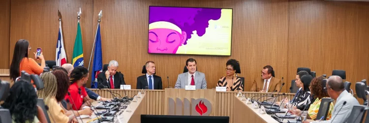 Mesa de reunião em auditório institucional, com autoridades e convidados sentados em formato de “U”. Ao centro, há um painel com tela exibindo uma ilustração colorida. O ambiente é formal, com microfones, bandeiras ao fundo e público acompanhando a discussão.