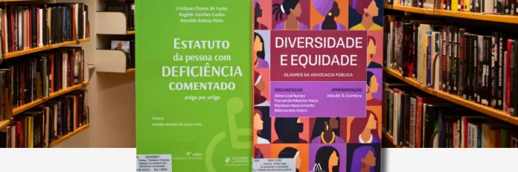 Imagem de uma biblioteca com estantes cheias de livros dos dois lados, formando um corredor. Ao centro, aparecem duas capas de livros ampliadas. À esquerda, um livro verde com o título “Estatuto da Pessoa com Deficiência Comentado”. À direita, um livro colorido, com ilustrações de rostos diversos, intitulado “Diversidade e Equidade”. Abaixo da imagem, há o texto: “Biblioteca Dinorá Quaresma amplia acervo com obras sobre diversidade, equidade e direitos das pessoas com deficiência”.