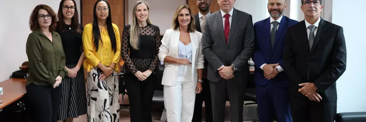 Nove pessoas estão alinhadas, posando para uma foto formal em um ambiente de escritório. São cinco mulheres e quatro homens, todos vestidos com roupas sociais. As mulheres usam blusas e calças ou saias em tons variados, incluindo amarelo, preto e branco. Os homens vestem ternos escuros com gravatas coloridas. O ambiente é claro, com paredes brancas, janelas com persianas e móveis de escritório ao fundo. Todos estão de pé, sorrindo ou com expressão séria, transmitindo profissionalismo.