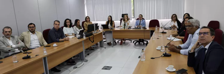 Uma sala de reunião com várias pessoas sentadas ao redor de mesas em formato de U. Todos estão atentos, olhando para frente, como se acompanhassem uma apresentação. Sobre as mesas há computadores, microfones, copos e garrafas de água. O ambiente é claro, com iluminação no teto e persianas nas janelas.