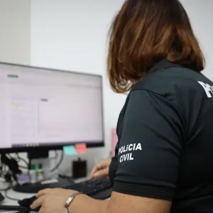 Policial senta à frente do computador